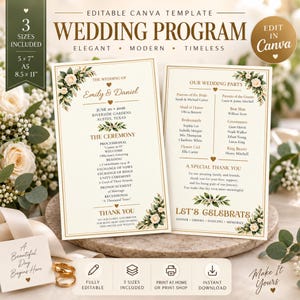 Può includere: Un modello di programma di matrimonio modificabile con cartoncini color crema, bordi dorati, accenti floreali e testo che descrive il programma della cerimonia e i membri del corteo nuziale. Include tre formati: 12,7x17,8 cm, A5 e 21,6x27,9 cm.