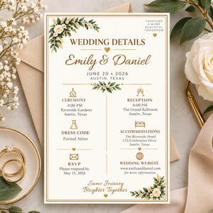 May include: A rectangular wedding details card with cream background and gold text. It features floral accents, icons for ceremony, reception, dress code, accommodations, RSVP, and website. Text includes names Emily & Daniel, date 20 June 2026, and location Austin, Texas.