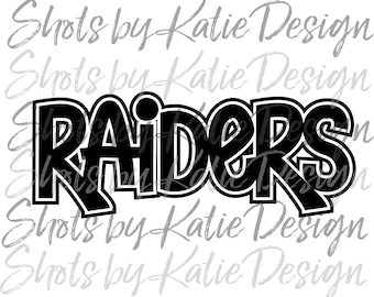 Könnte beinhalten: Schwarz-weißes Grafikdesign des Wortes "RAIDERS" in einer fetten, cartoonartigen Schriftart.