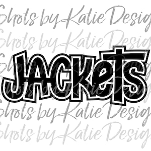以下が含まれることがあります： 黒と白のグラフィックデザインで、「JACKETS」という単語が太字のブロック体で書かれています。
