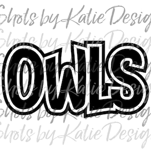 May include: Black and white graphic design of the word "OWLS" in a bold, outlined font.