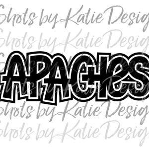 Könnte beinhalten: Schwarz-weißes Grafikdesign des Wortes "APACHES" in einer fetten, umrandeten Schrift.