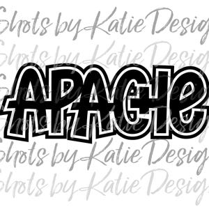 Könnte beinhalten: Schwarzweißes Grafikdesign des Wortes "Apache" in einer fetten, cartoonartigen Schriftart.