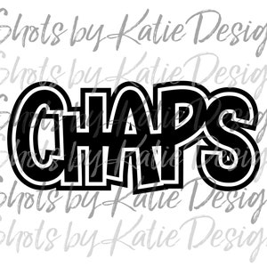 Könnte beinhalten: Schwarz-weißes Grafikdesign des Wortes "CHAPS" in einer fetten, klobigen Schrift.