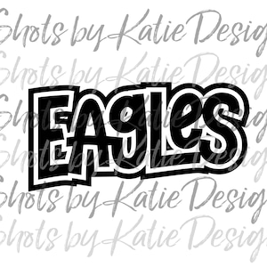 Puede incluir: Diseño gráfico en blanco y negro de la palabra "EAGLES" en una fuente negrita y con contorno.