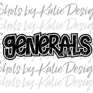 Op de afbeelding: Zwart-wit grafisch ontwerp van het woord "GENERALS" in een vet, gestileerd lettertype.