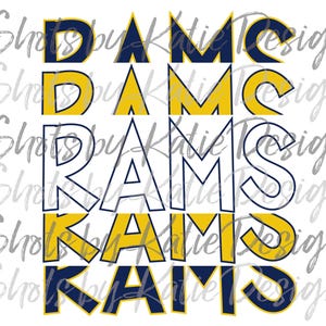 Può includere: Progettazione grafica con la parola "RAMS" in un design a strati con lettere gialle e blu navy alternate. La parola "RAMS" viene ripetuta cinque volte, con ogni ripetizione leggermente sfalsata rispetto alla precedente.