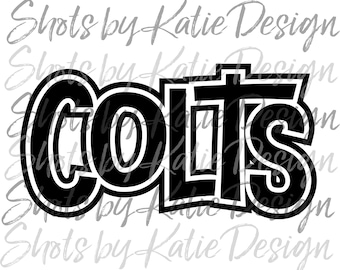 May include: Black and white graphic design of the word "COLTS" in a bold, blocky font with a white outline.