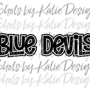 May include: Black and white graphic design with the text "Blue Devils" in a bold, outlined font.