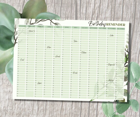 Perpetual Birthday Calendar PRINTABLE Instant Digital - Etsy