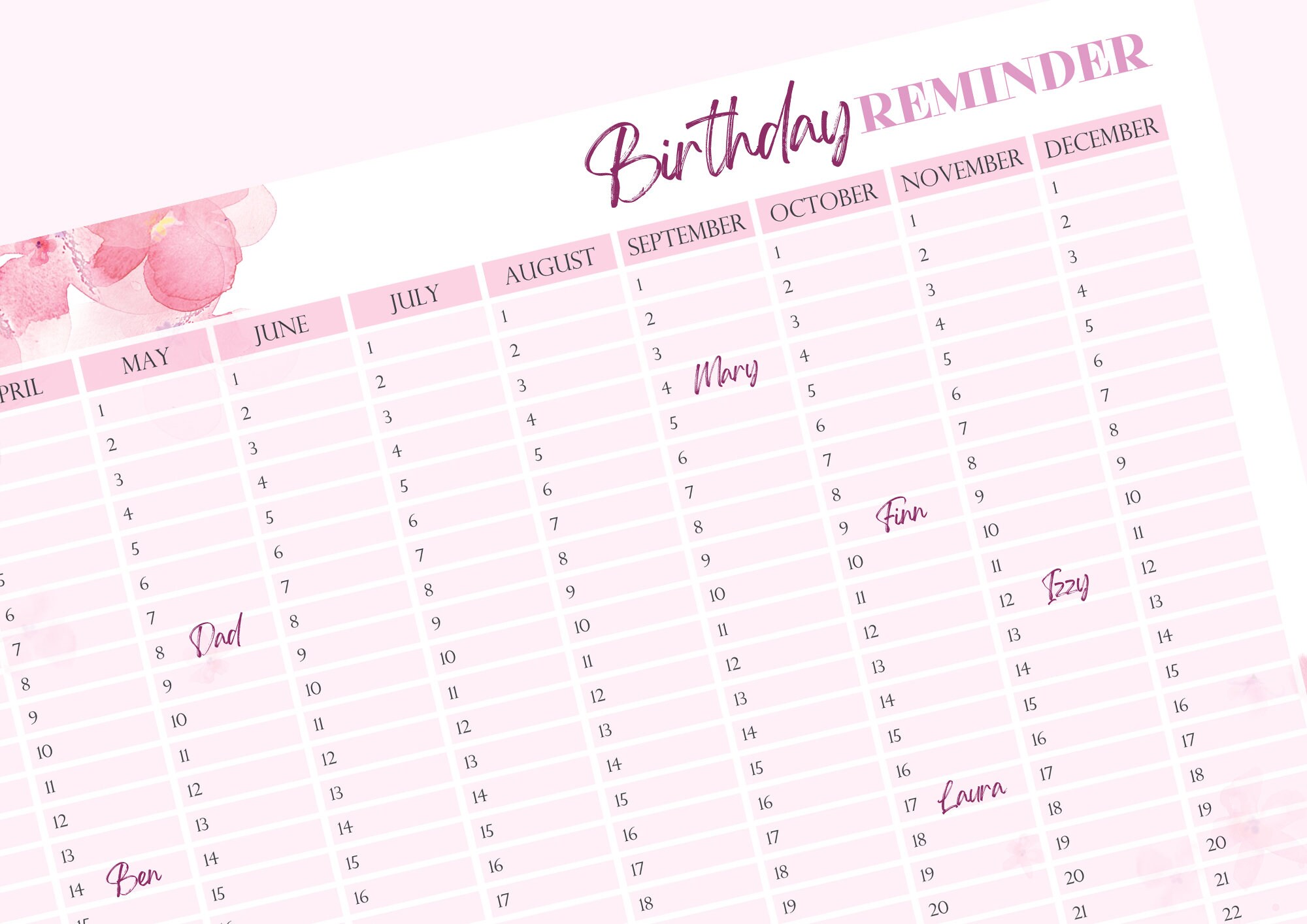 Perpetual Birthday Calendar PRINTABLE ︱ Instant Digital Download ...