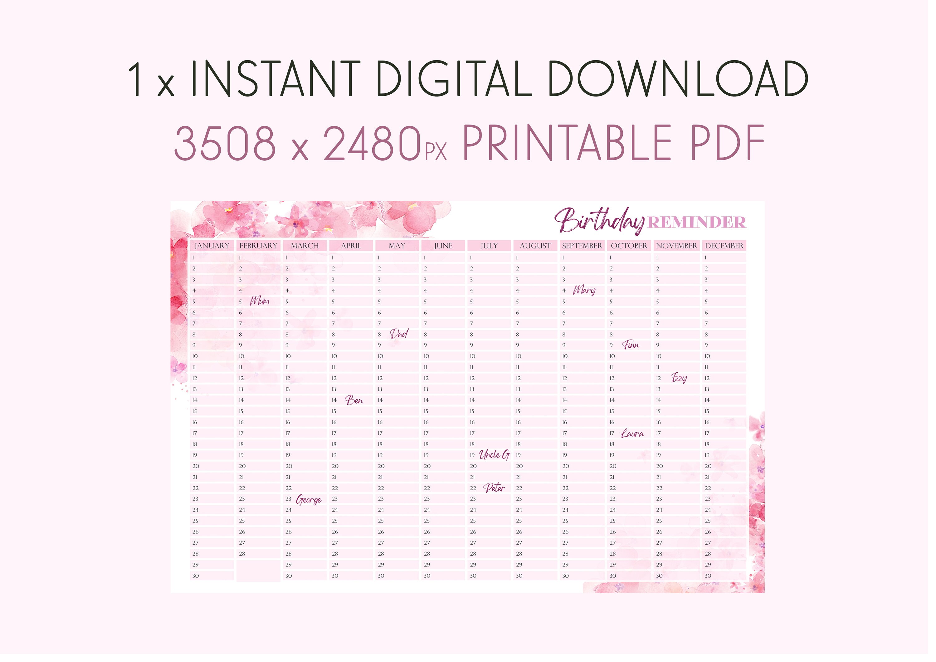 Perpetual Birthday Calendar PRINTABLE ︱ Instant Digital Download ...