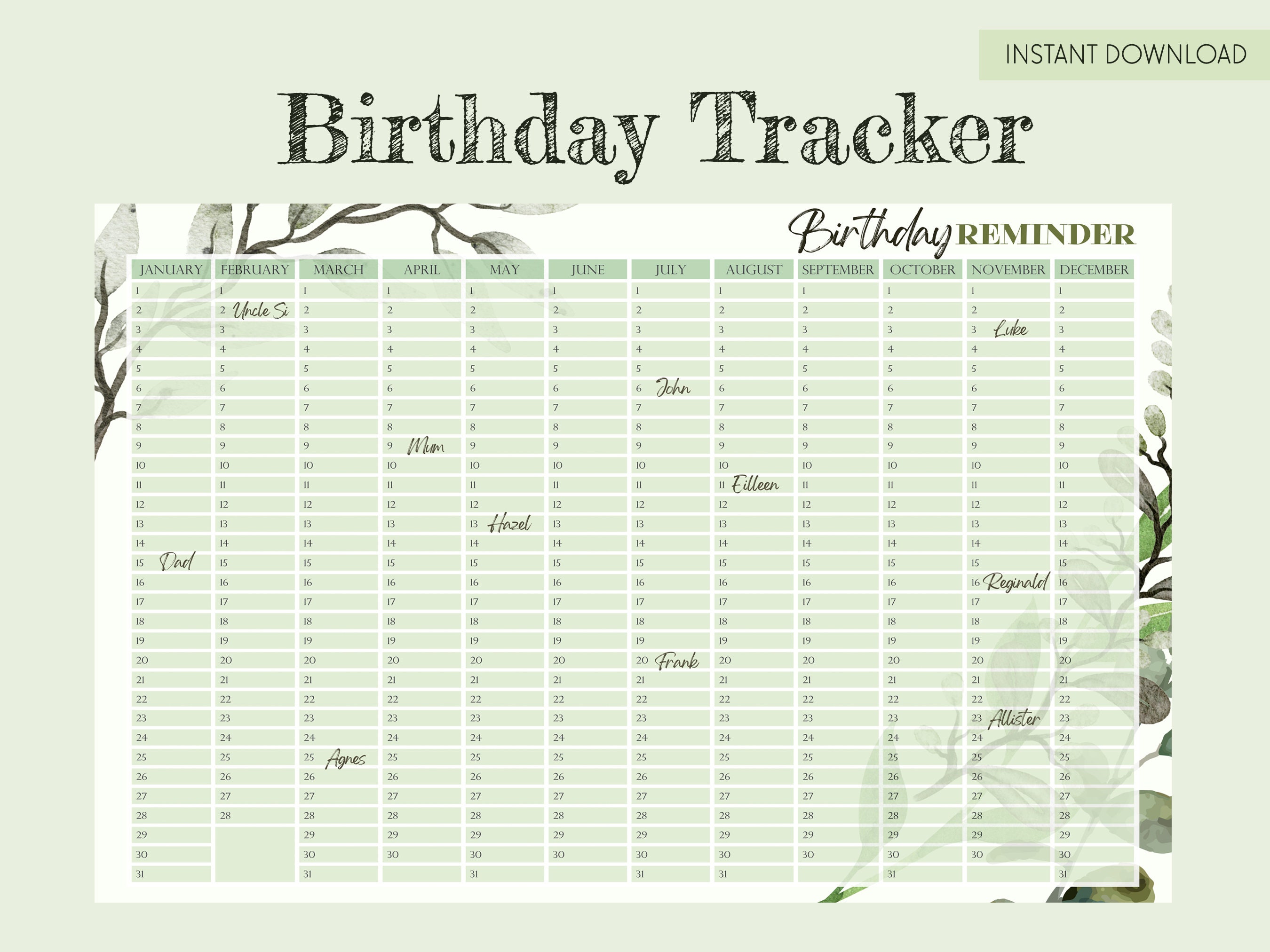 Perpetual Birthday Calendar PRINTABLE︱ Instant Digital Download ...