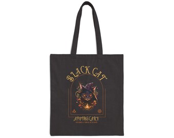 Black Cat Apothecary Tote Bag - Witchy Halloween Cotton Canvas