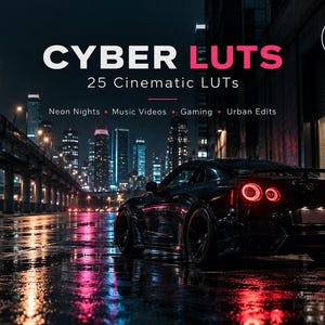 May include: A digital download graphic featuring the text CYBER LUTS 25 Cinematic LUTs Neon Nights Music Videos Gaming Urban Edits. The background shows a black sports car on a wet city street at night with glowing red taillights and city lights.