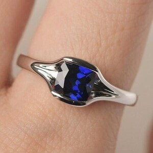 September Birthstone Blue Sapphire Anniversary Ring Solid Silver Cushion Cut Plain Band Solitaire Ring Gift For Her New York Jewelry Store.