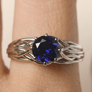 8 Prongs Sterling Silver Nest Ring Blue Sapphire Ring Round Cut September Birthstone Gift For Mexican Jewelry, Italian Jewelry.