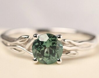 Green Sapphire Twig Engagement Ring Round Cut Silver September Birthstone Ring Gift For Her Italian Or American Jewelry.