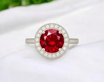 Anello con rubino creato in laboratorio: anello di fidanzamento in argento sterling Halo