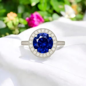 Lab Created Sapphire Ring 7mm Round | Halo Setting 925 Sterling Silver | Blue Gemstone Engagement Ring | September Birthstone Gift for Her