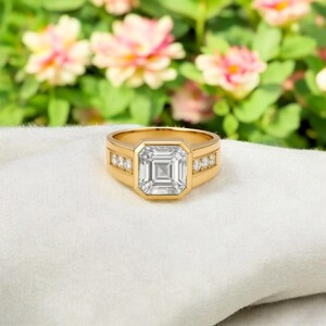 White Moissanite Ring 9x9mm Asscher Cut | Bezel & Channel Setting | 18K Yellow Gold Lab Diamond Alternative | Modern Engagement Gift for Her