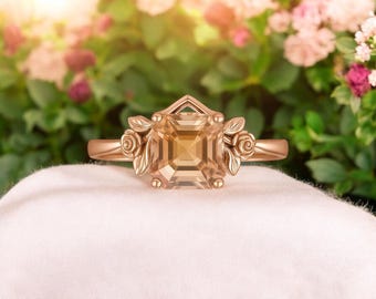 Perzikmorganiet verlovingsring: 18K roségoud verguld, Asscher-snede
