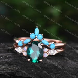 Oval Emerald Engagement Ring Set 14k Rose Gold Vintage Opal Ring Marquise Moissanite Ring For Women Turquoise Wedding Band Engagement Ring.
