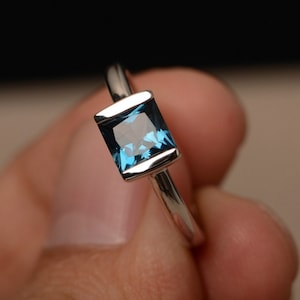 Real Blue Topaz London Blue Topaz Engagement Ring Sterling Silver Princess Cut Half Bezel Set Solitaire Ring