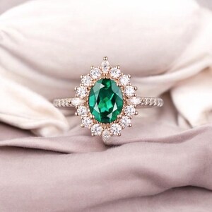Vintage Oval Emerald Engagement Ring: Solid Gold Moissanite Halo, Bridal Promise Ring