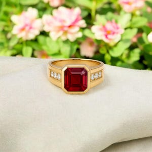 Lab Created Red Ruby Ring 9x7mm Emerald Cut | 18K Yellow Gold Bezel & Channel Setting | Elegant July Birthstone Ring | Gift for Her