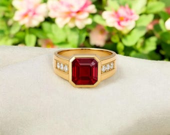 Lab Ruby Ring: 18K Gold Bezel, Emerald Cut, July Birthstone