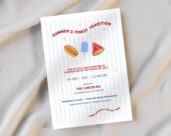 Invitación a barbacoa del 4 de julio / Fiesta de verano / Fiesta en el jardín / Plantilla editable de Canva