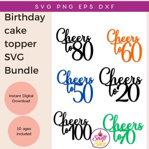 Felicidades para 20, 21, 30, 40, 50, 60 70, 80, 90 pacote de topper de bolo de 100 anos | Cake Topper, arquivos Svg para Cricut Feliz Aniversário Cake Topper Svg