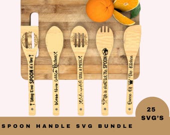 May include: Set of five wooden spoon handles with laser engraved sayings. The sayings include "Talking Wine Spoon at a Time", "Bless This Little Kitchen", "Life Update Still a Mess", "Life is Short Lick the Spoon", and "Queen of the Kitchen".