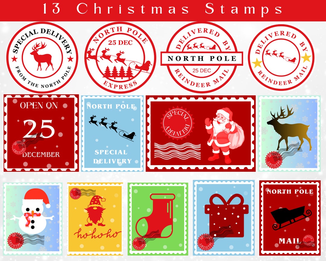 Festive Christmas Stamps Set for North Pole Mail - Printable PNG Files - Etsy for Free Printable Christmas Postage Stamps