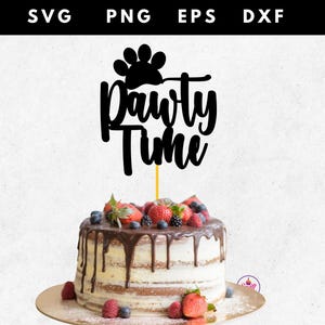 May include: A cake with chocolate frosting and fresh berries, topped with a black "Pawty Time" cake topper featuring a paw print. The cake sits on a gold-colored cake board.