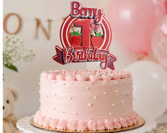 Adorno para pastel de primer cumpleaños con diseño de fresa (SVG) / Archivo de corte Cricut de fresa para primer cumpleaños / Adorno para pastel en capas