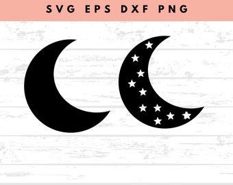May include: Two black crescent moon designs. One is a solid shape, and the other features white stars. The image also includes the text "SVG EPS DXF PNG" at the top, indicating file formats.