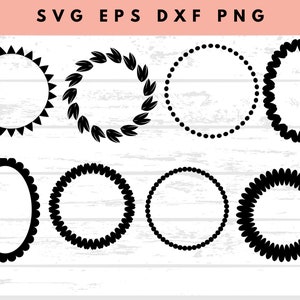 May include: Set of eight black circle and oval frames with different borders, including a sunburst, leaves, dots, and wavy lines. The frames are isolated on a white wood background.