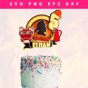 May include: A red, white, and black firefighter themed cake topper with a fire truck, a fireman silhouette, a fire extinguisher, and the number 5. The topper also includes the name "Ethan".