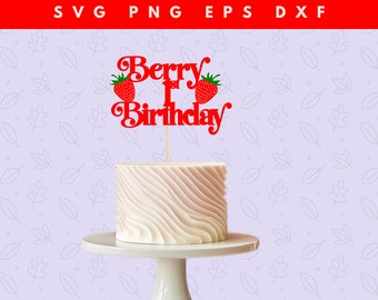 Adorno para tarta de primer cumpleaños con diseño de bayas SVG: Decoración para fiesta de fresas (descarga digital)
