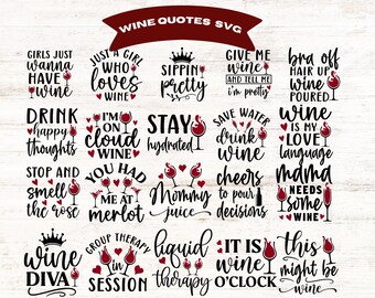 Wine Quotes SVG Bundle, Funny Wine Sayings Cut Files for Cricut, Wine Glass Decal Designs, Wine Lover Gift PNG, Instant Download