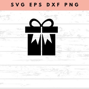 Könnte beinhalten: Schwarz-weiße Grafik einer Geschenkbox mit Schleife und Band. Das Bild enthält oben den Text "SVG EPS DXF PNG". Die Geschenkbox ist auf einem weißen, strukturierten Hintergrund zentriert.