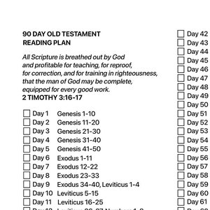 May include: A 90-day Old Testament reading plan with a list of books and chapters to read each day. The plan includes books from Genesis to Leviticus.