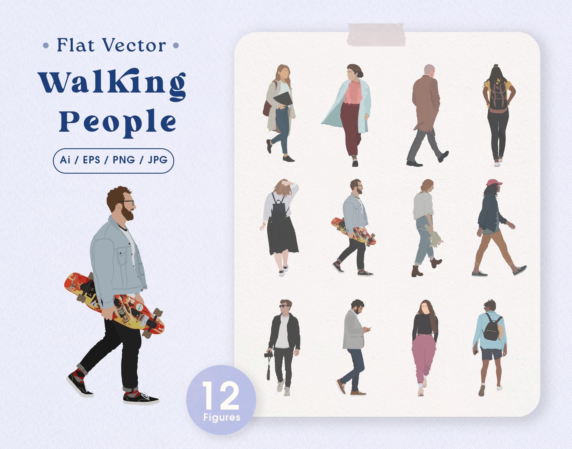 12 Flat Vector People - Walking People - Pack of abstract illustrations clipart / Ai - EPS - JPG - PNG / Cutout People