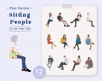 12 Flat Vector People - Sitting People - Pack of abstract illustrations clipart / Ai - EPS - JPG - PNG / Cutout People