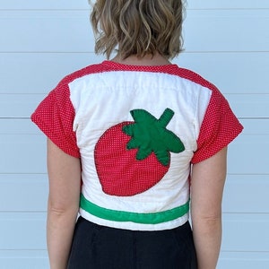 Handmade Vintage Strawberry Quilt Top Jacket with Short Sleeves image 1