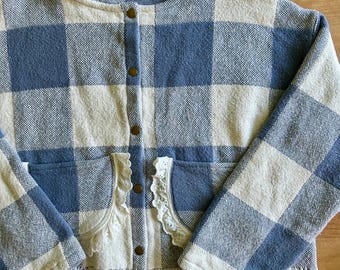 Handmade Vintage Gingham Tapestry Blanket Jacket with Fringe