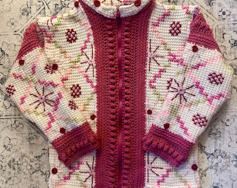 Handmade Upcycled Vintage Floral Crochet Blanket Jacket with Zipper