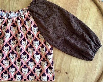 Handmade Cat Print Cotton Puff Sleeve Top